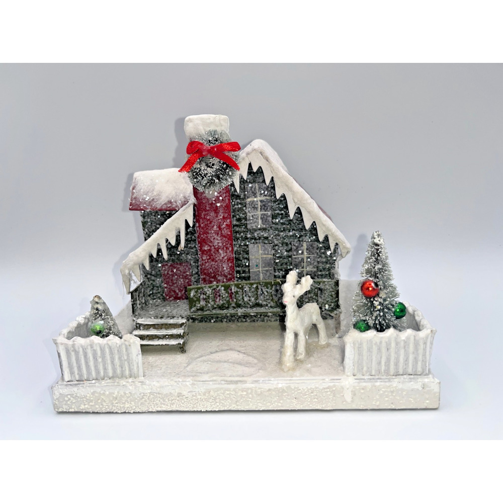 Bethany Lowe Snowy Christmas Village Putz House Reindeer Bottle Brush Tree